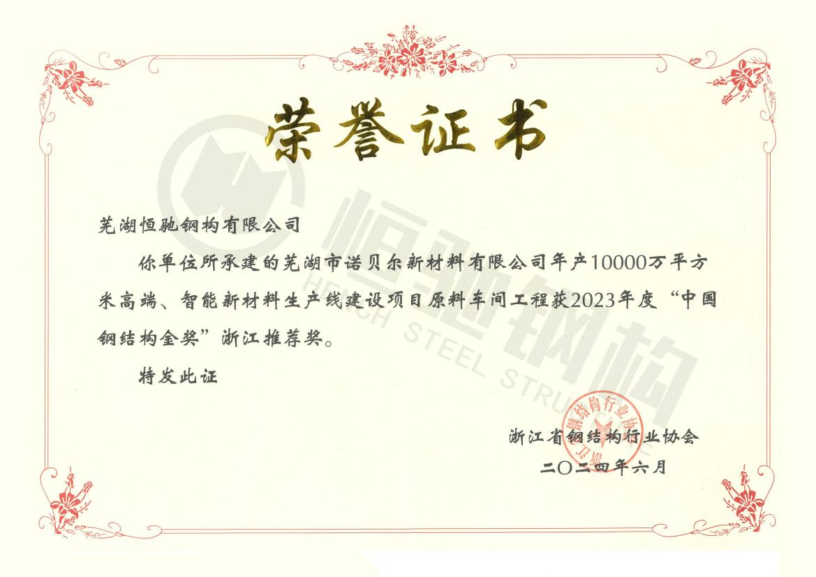 諾貝爾原料車間工程“中國鋼結(jié)構(gòu)金獎?wù)憬扑]獎”